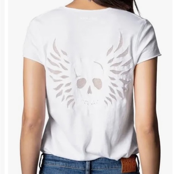 ZADIG and VOLTAIRE Tunisien MC Fishnet Wings Skull Shirt White Sz M NEW - Picture 1 of 11
